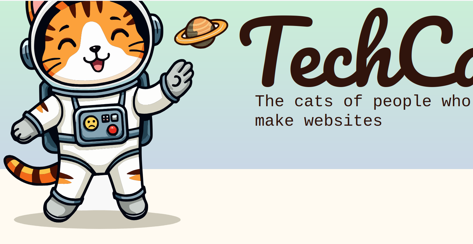 Et skjermbilde av logoen til TechCats, der en blid oransje katt i romdrakt leker med en miniatyrutgave av planeten Saturn.
