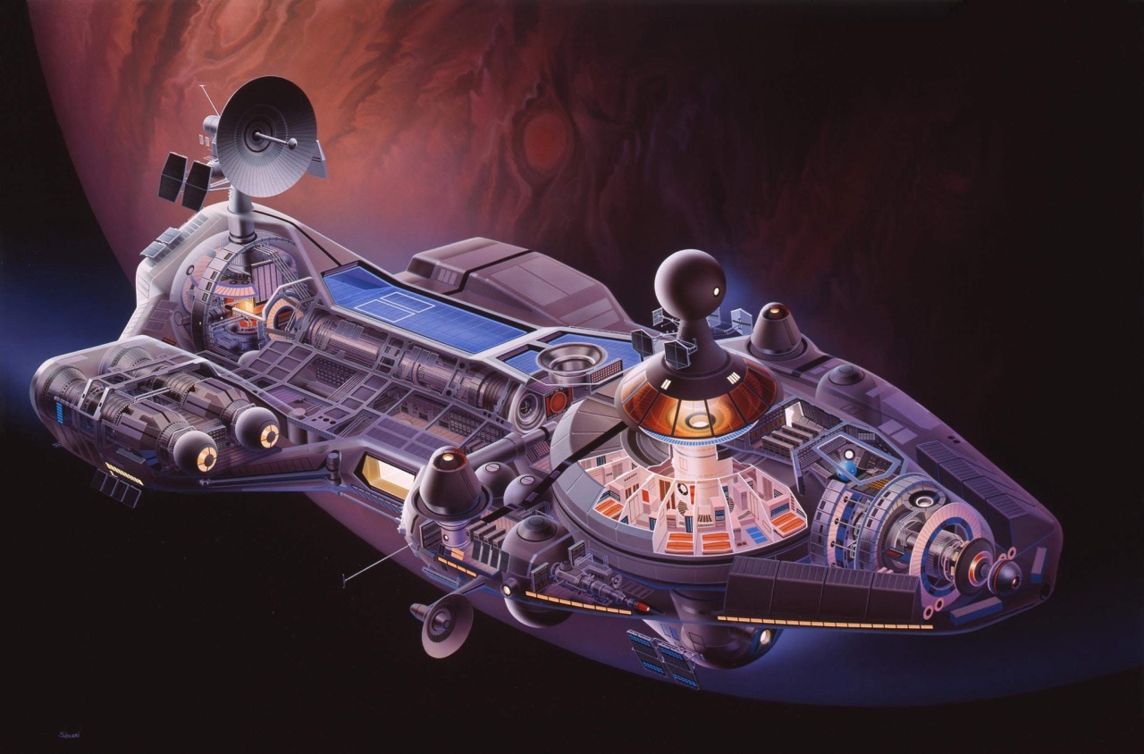 En illustrasjon av kunstneren Nagaoka Shūsei. Bildet er et tverrsnitt av et futuristisk romskip som svever foran en planet. Romskipet er utstyrt med solcellepaneler og parabolantenner, og tverrsnittet gjør at vi kan se inn i romskipets lugarer og laboratorier.